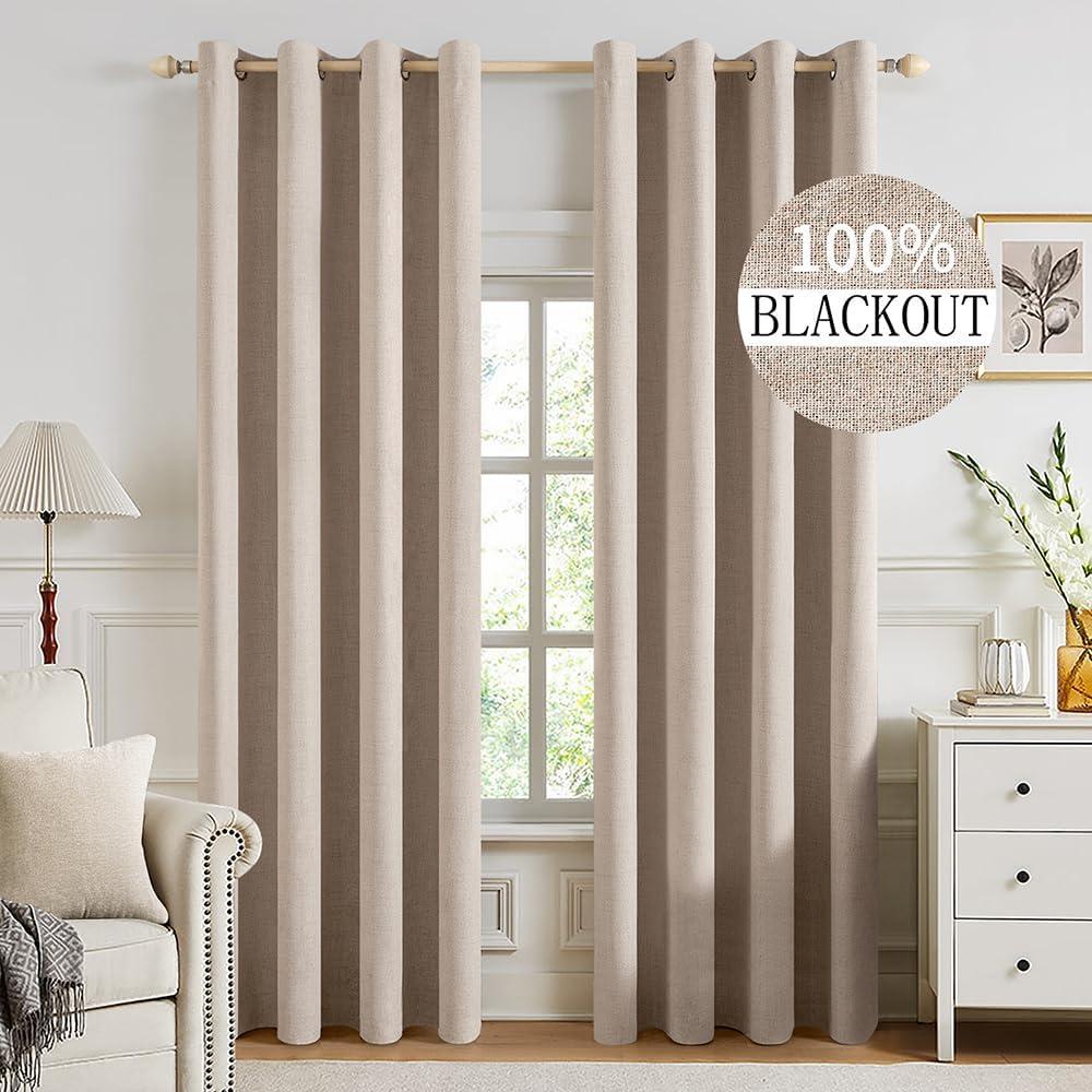 imageMIULEE 90 Inches Linen Textured Curtains for Bedroom 100 Blackout Thermal Insulated Natural Beige Grommet Room Darkening Curtains ampamp Drapes Luxury Decor for Living Room Nursery 52 x 90 Inch 2 PanelsBeige