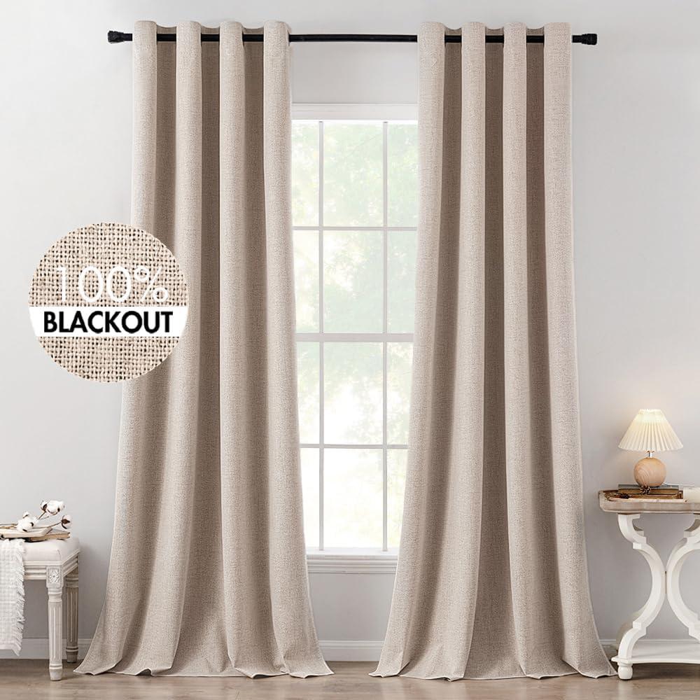 imageMIULEE 90 Inches Linen Textured Curtains for Bedroom 100 Blackout Thermal Insulated Natural Beige Grommet Room Darkening Curtains ampamp Drapes Luxury Decor for Living Room Nursery 52 x 90 Inch 2 PanelsBeige