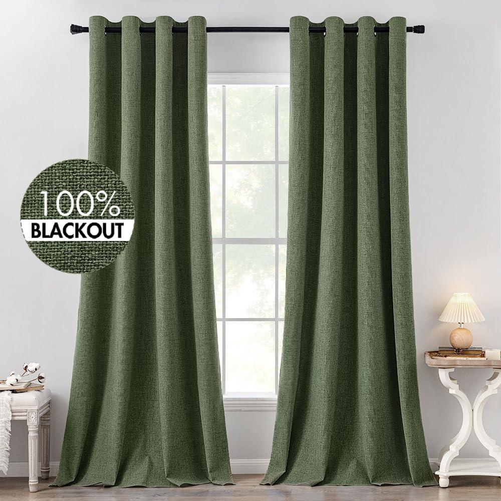 imageMIULEE 90 Inches Linen Textured Curtains for Bedroom 100 Blackout Thermal Insulated Natural Beige Grommet Room Darkening Curtains ampamp Drapes Luxury Decor for Living Room Nursery 52 x 90 Inch 2 PanelsOlive Green
