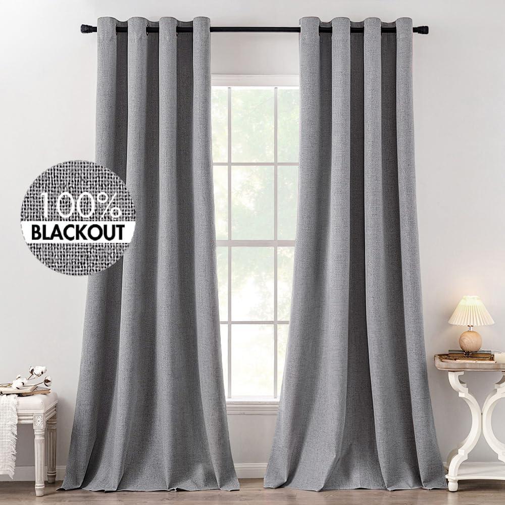 imageMIULEE 90 Inches Linen Textured Curtains for Bedroom 100 Blackout Thermal Insulated Natural Beige Grommet Room Darkening Curtains ampamp Drapes Luxury Decor for Living Room Nursery 52 x 90 Inch 2 PanelsGrey