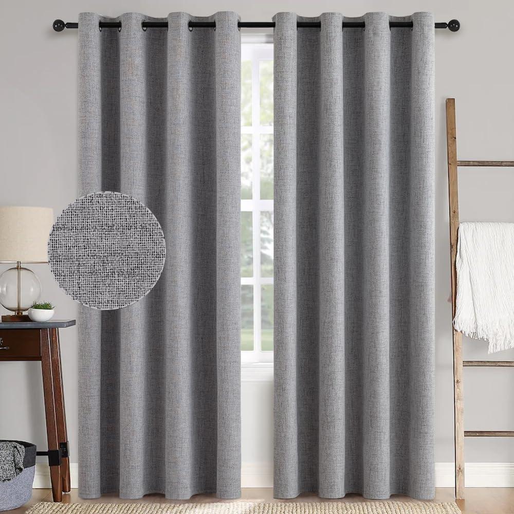 imageMIULEE 90 Inches Linen Textured Curtains for Bedroom 100 Blackout Thermal Insulated Natural Beige Grommet Room Darkening Curtains ampamp Drapes Luxury Decor for Living Room Nursery 52 x 90 Inch 2 PanelsGrey