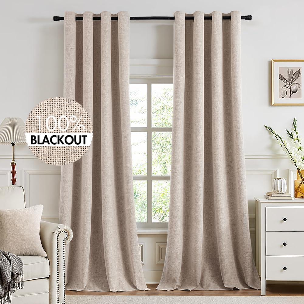 imageMIULEE 90 Inches Linen Textured Curtains for Bedroom 100 Blackout Thermal Insulated Natural Beige Grommet Room Darkening Curtains ampamp Drapes Luxury Decor for Living Room Nursery 52 x 90 Inch 2 PanelsBeige
