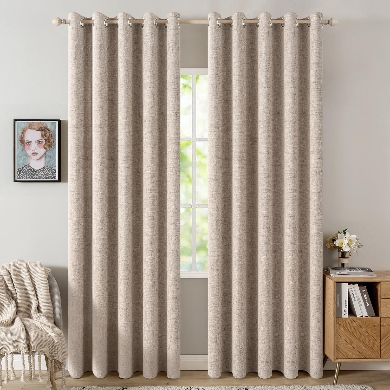 imageMIULEE 90 Inches Linen Textured Curtains for Bedroom 100 Blackout Thermal Insulated Natural Beige Grommet Room Darkening Curtains ampamp Drapes Luxury Decor for Living Room Nursery 52 x 90 Inch 2 PanelsBeige