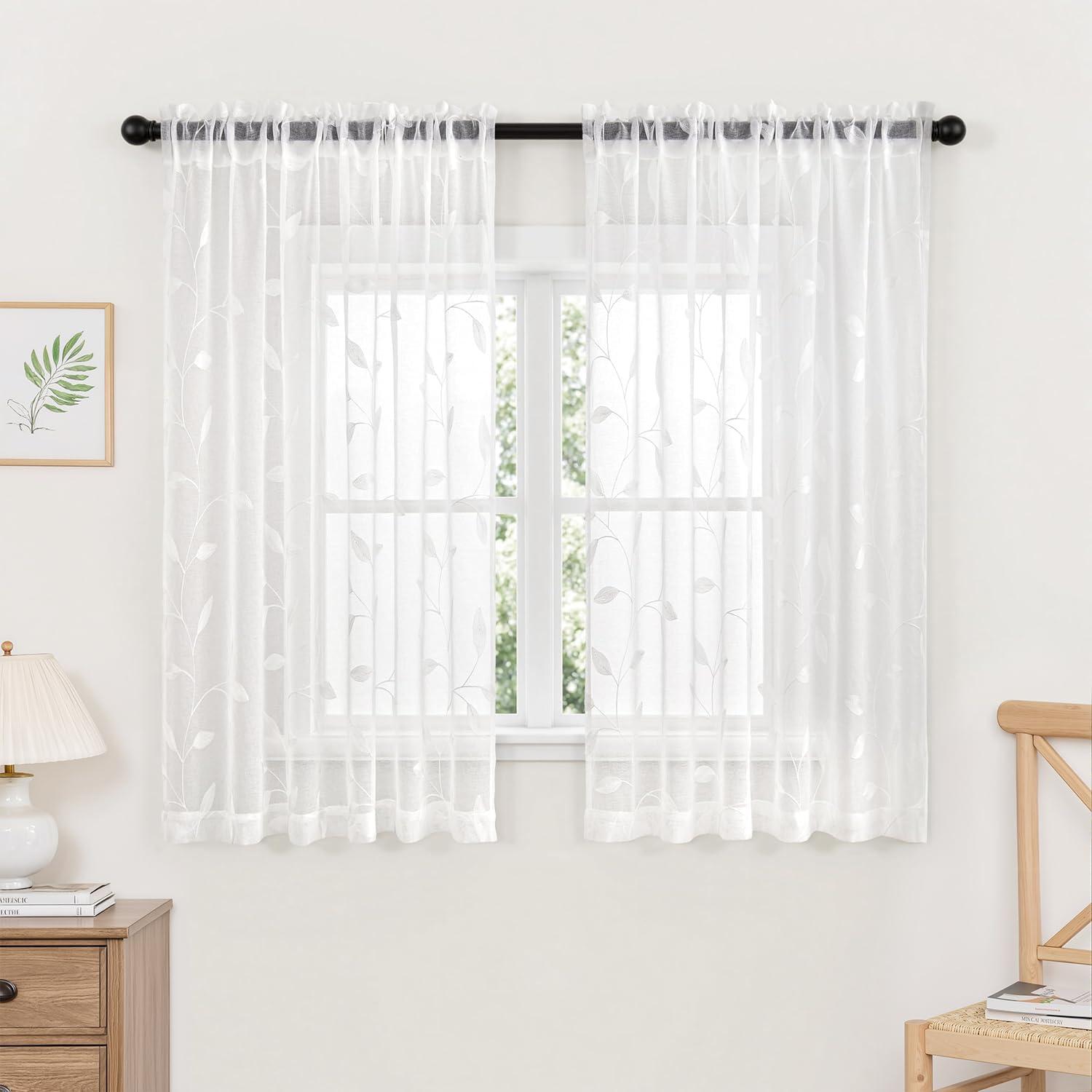 imageMIULEE Ivory Sheer Curtains 2 Panels Embroidered Leaf Patterned Rod Pocket Floral Semi Sheer Faux Linen Short Window Curtains Drapes Set for Kitchen Bathroom Cafe 30x30 Inches LengthWhite