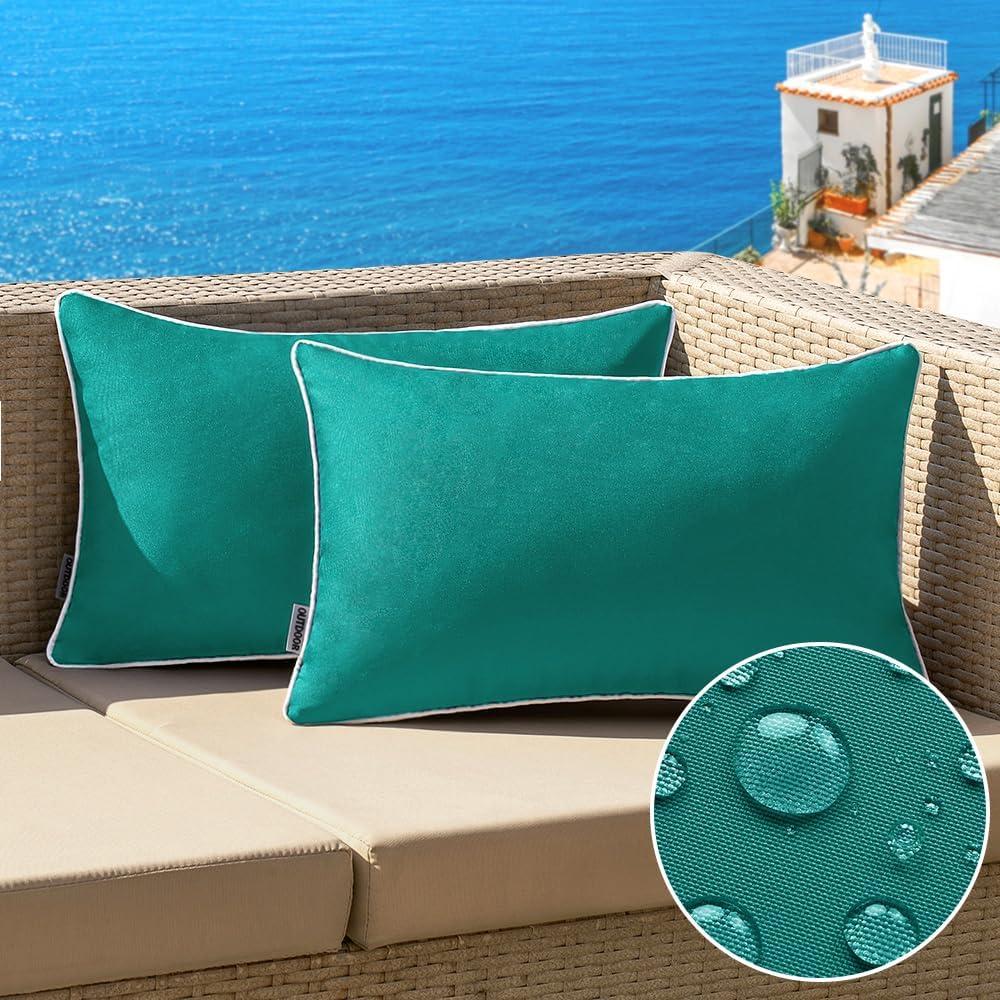 imageMIULEE Pack of 2 Outdoor Waterproof Pillow Covers Decorative Farmhouse Throw Pillow Covers Square Solid Color Couch Cushions Spring for Patio Tent Bed Sofa Living Room 18x18 Inch Teal BlueDark Teal