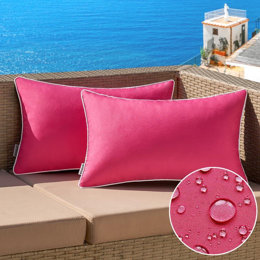 imageMIULEE Pack of 2 Outdoor Waterproof Pillow Covers Decorative Farmhouse Throw Pillow Covers Square Solid Color Couch Cushions Spring for Patio Tent Bed Sofa Living Room 18x18 Inch Teal BlueHot Pink