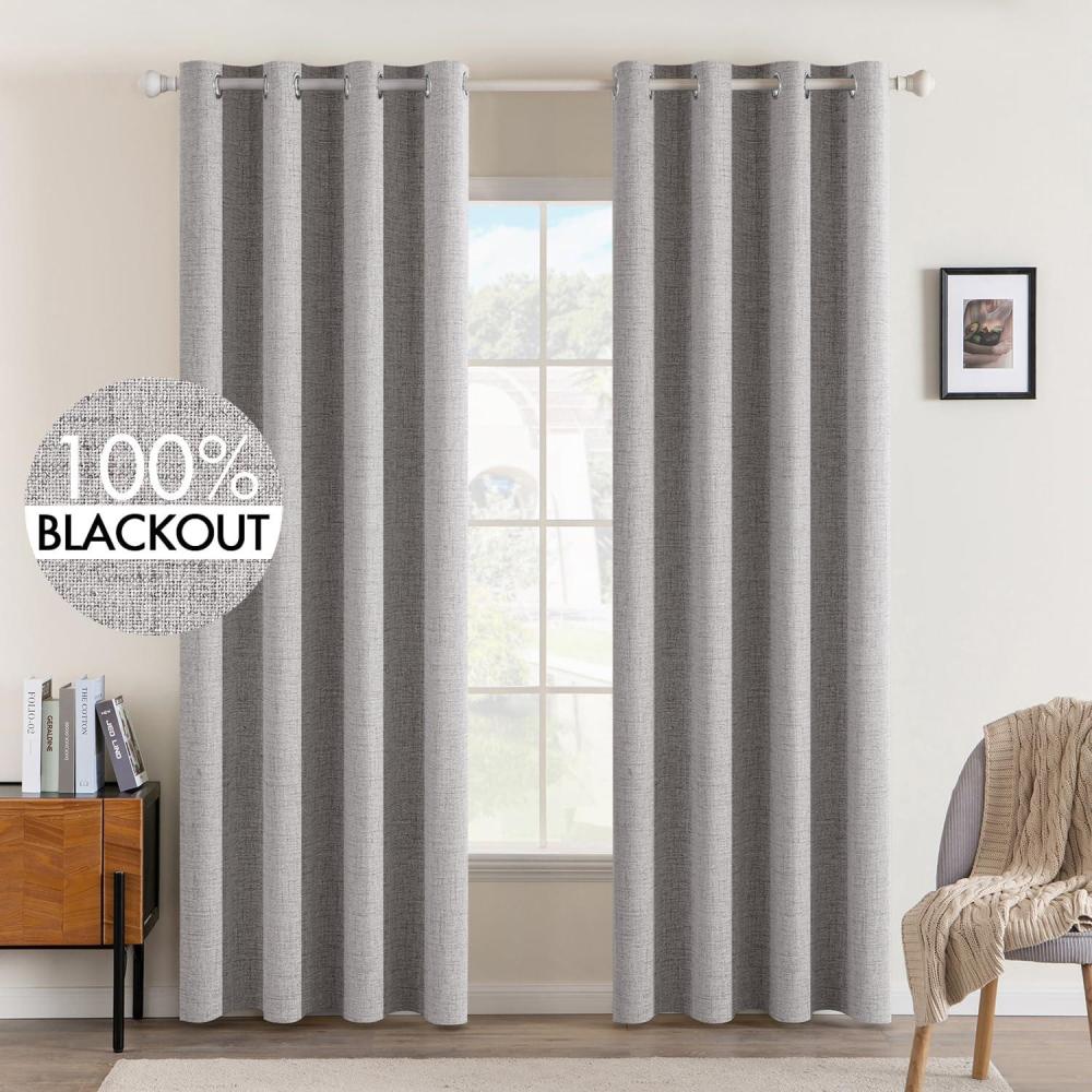 imageMIULEE 90 Inches Linen Textured Curtains for Bedroom 100 Blackout Thermal Insulated Natural Beige Grommet Room Darkening Curtains ampamp Drapes Luxury Decor for Living Room Nursery 52 x 90 Inch 2 PanelsGreyish White