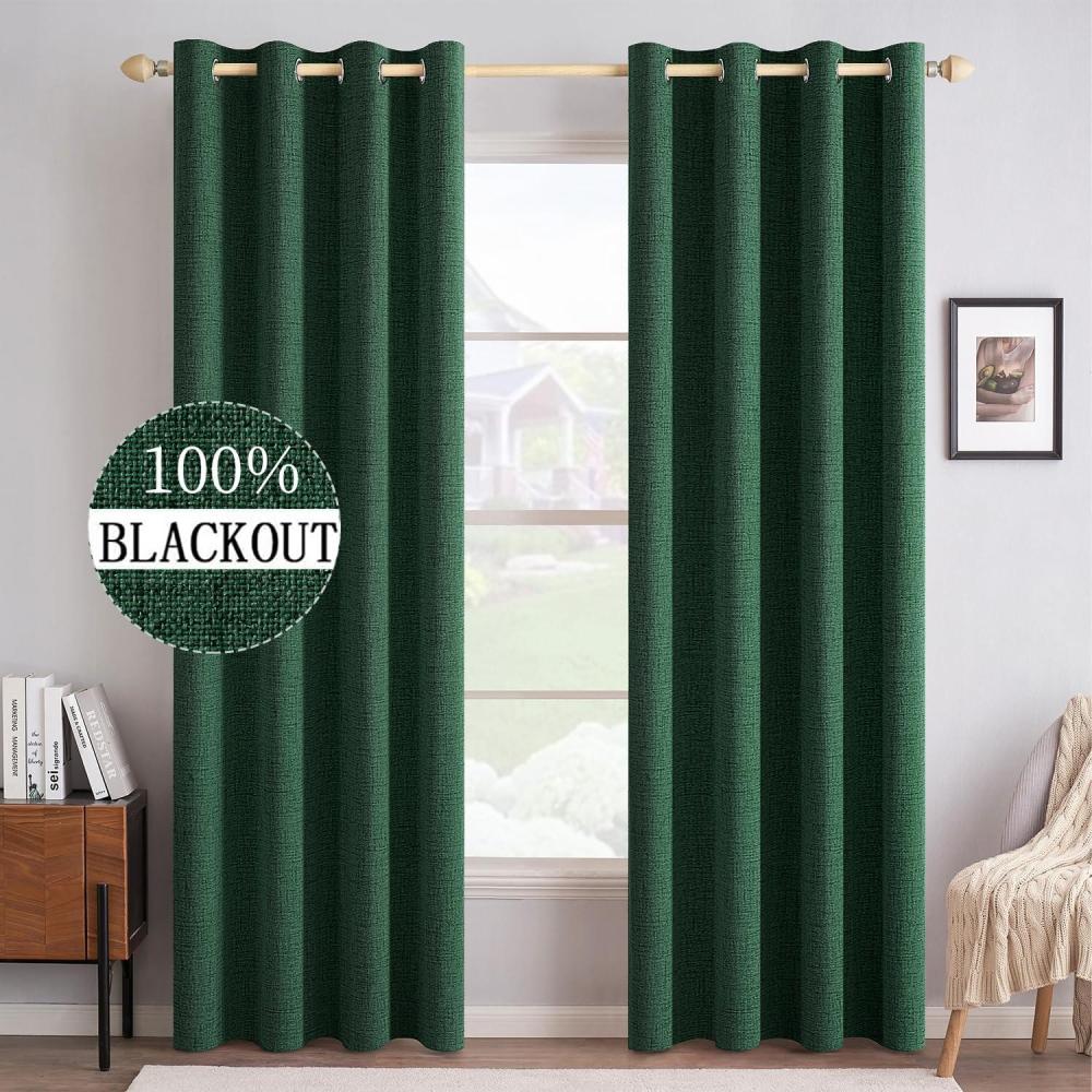 imageMIULEE 90 Inches Linen Textured Curtains for Bedroom 100 Blackout Thermal Insulated Natural Beige Grommet Room Darkening Curtains ampamp Drapes Luxury Decor for Living Room Nursery 52 x 90 Inch 2 PanelsEmerald Green