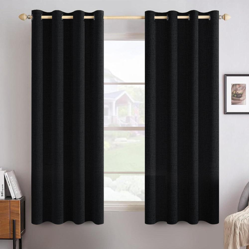 imageMIULEE 90 Inches Linen Textured Curtains for Bedroom 100 Blackout Thermal Insulated Natural Beige Grommet Room Darkening Curtains ampamp Drapes Luxury Decor for Living Room Nursery 52 x 90 Inch 2 PanelsBlack
