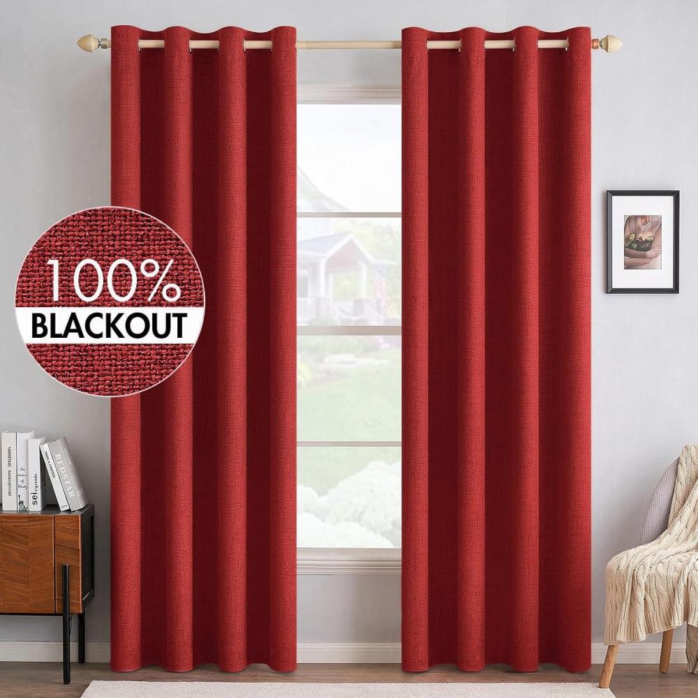 imageMIULEE 90 Inches Linen Textured Curtains for Bedroom 100 Blackout Thermal Insulated Natural Beige Grommet Room Darkening Curtains ampamp Drapes Luxury Decor for Living Room Nursery 52 x 90 Inch 2 PanelsRed