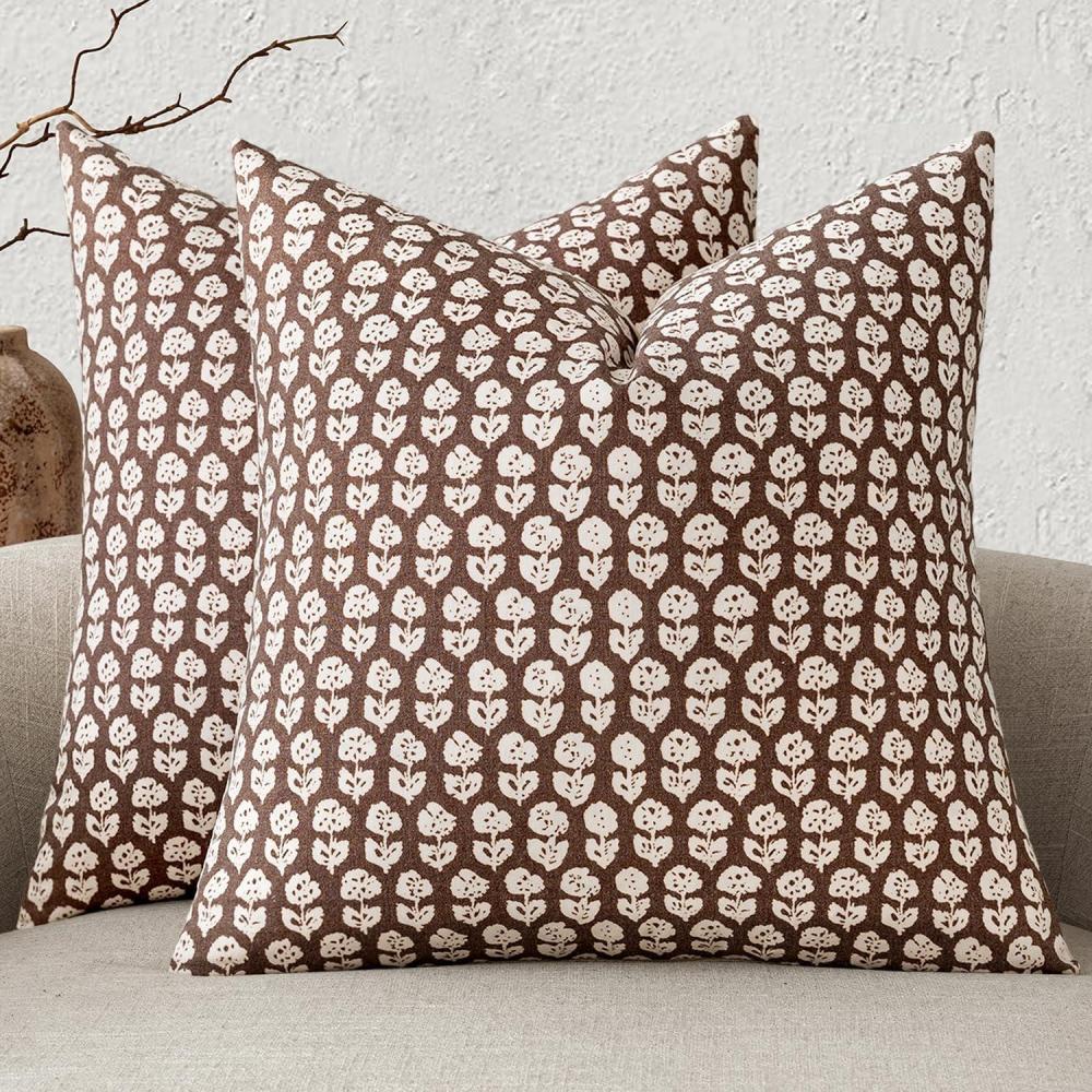 imageMIULEE Block Print Pillow Covers 18x18 Inch Set of 2 Vintage Floral Throw Pillow Cases Neutral Linen Farmhouse Cushion Covers for Couch Sofa Bed Chair Living Room Dusty BlueBrown