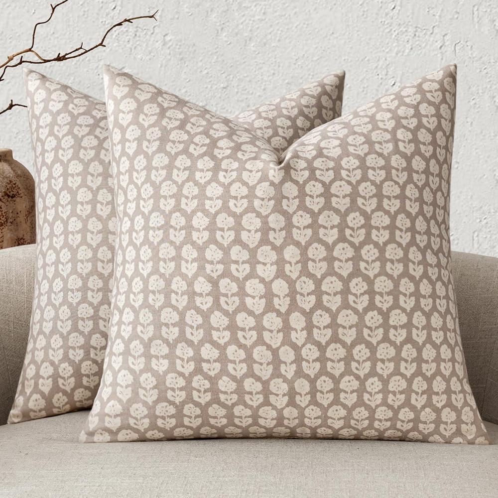 imageMIULEE Block Print Pillow Covers 18x18 Inch Set of 2 Vintage Floral Throw Pillow Cases Neutral Linen Farmhouse Cushion Covers for Couch Sofa Bed Chair Living Room Dusty BlueCream Oatmea