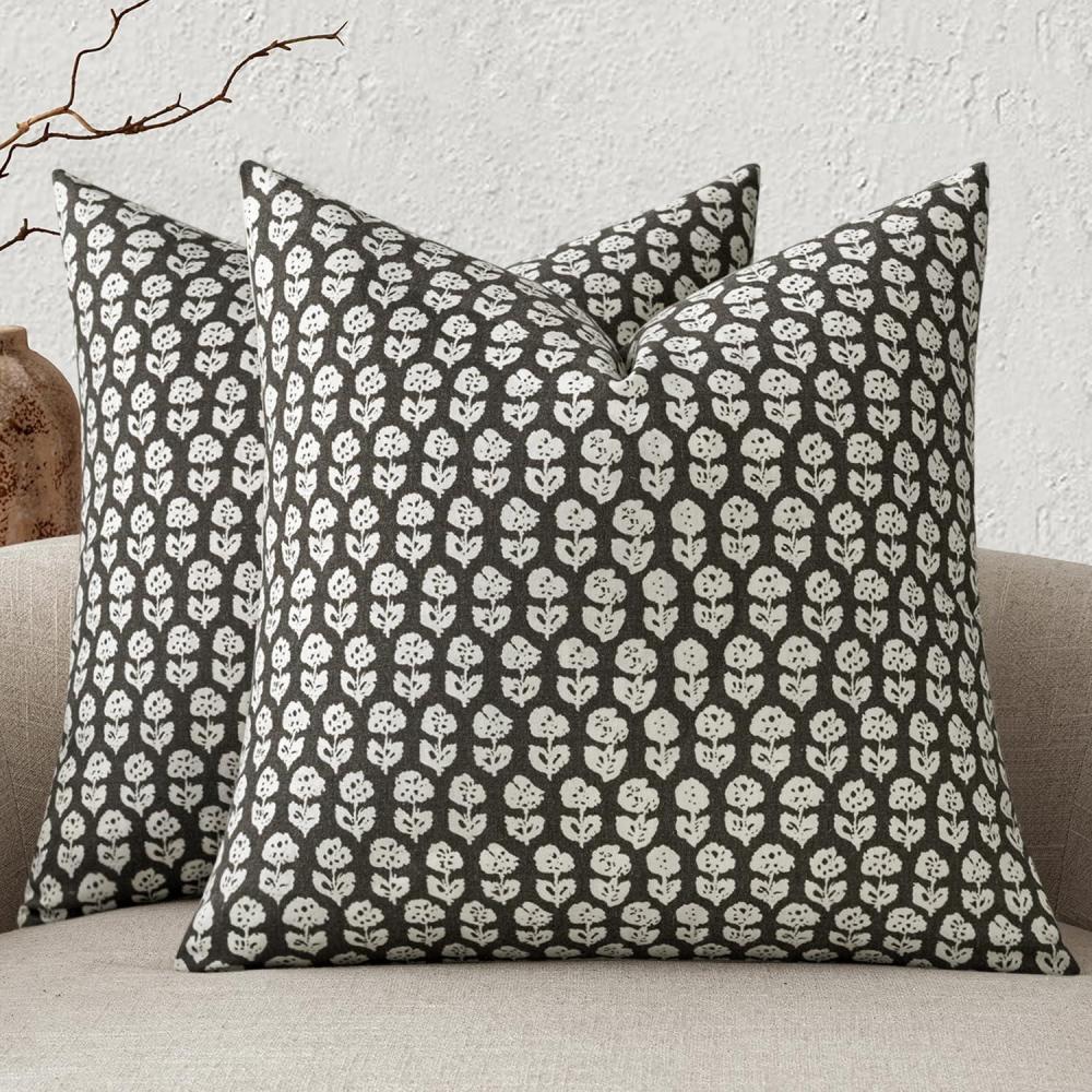 imageMIULEE Block Print Pillow Covers 18x18 Inch Set of 2 Vintage Floral Throw Pillow Cases Neutral Linen Farmhouse Cushion Covers for Couch Sofa Bed Chair Living Room Dusty BlueBlack