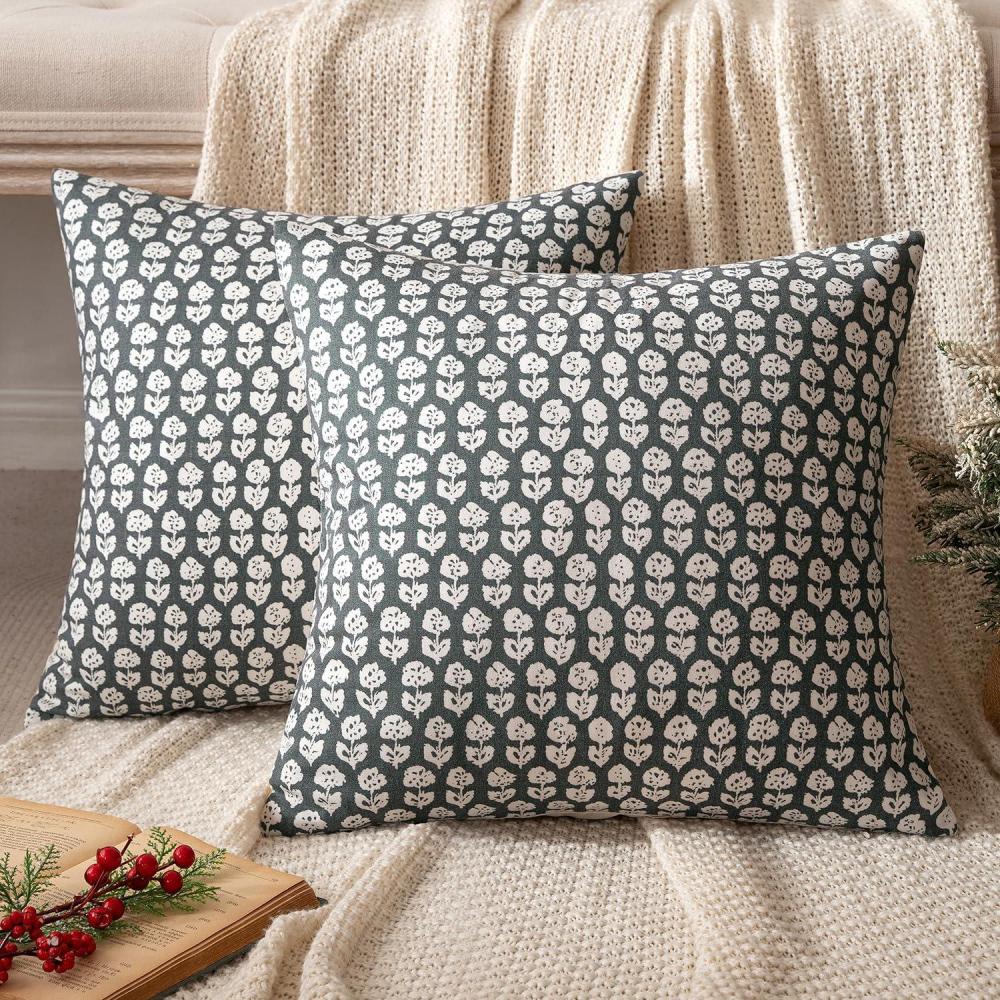 imageMIULEE Block Print Pillow Covers 18x18 Inch Set of 2 Vintage Floral Throw Pillow Cases Neutral Linen Farmhouse Cushion Covers for Couch Sofa Bed Chair Living Room Dusty BlueArmy Green