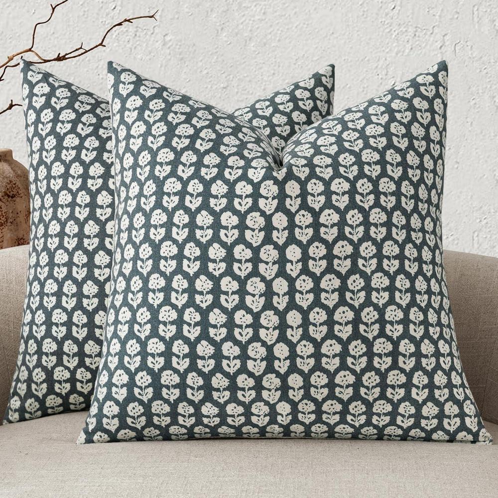 imageMIULEE Block Print Pillow Covers 18x18 Inch Set of 2 Vintage Floral Throw Pillow Cases Neutral Linen Farmhouse Cushion Covers for Couch Sofa Bed Chair Living Room Dusty BlueDusty Blue