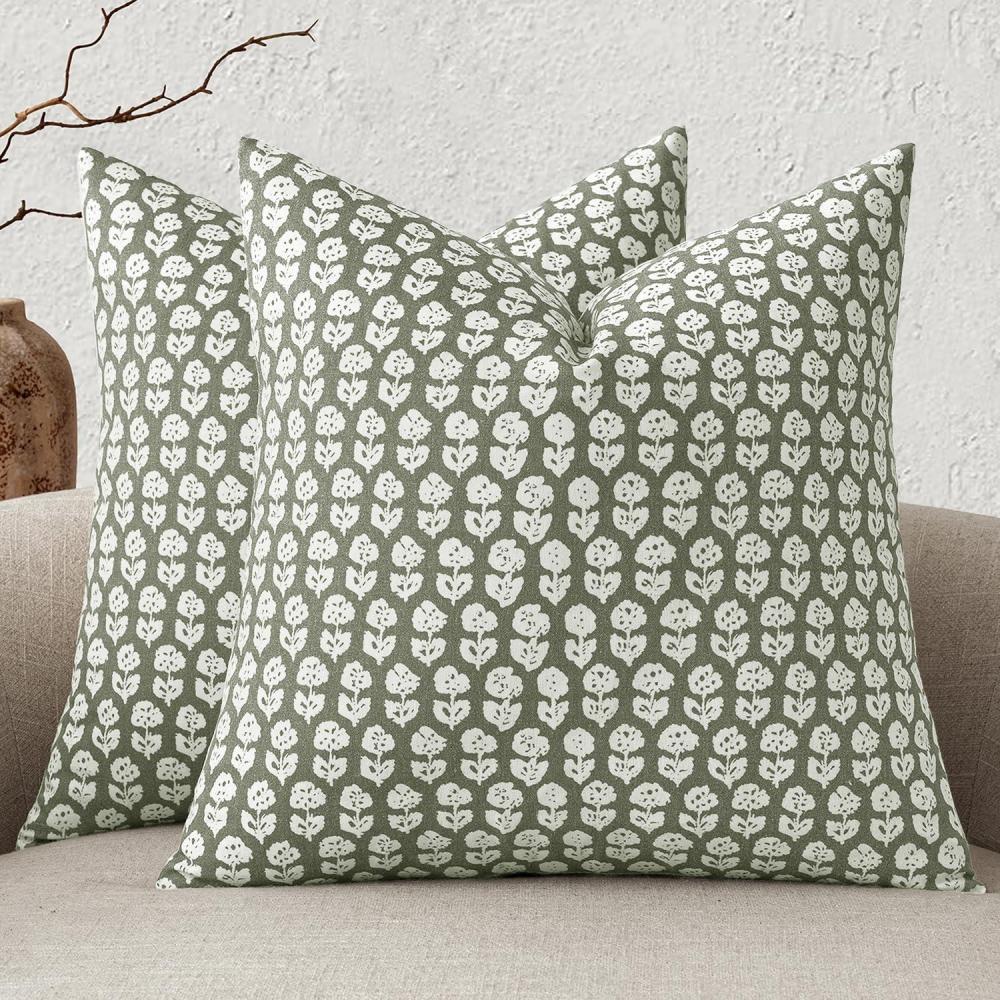 imageMIULEE Block Print Pillow Covers 18x18 Inch Set of 2 Vintage Floral Throw Pillow Cases Neutral Linen Farmhouse Cushion Covers for Couch Sofa Bed Chair Living Room Dusty BlueSage Green
