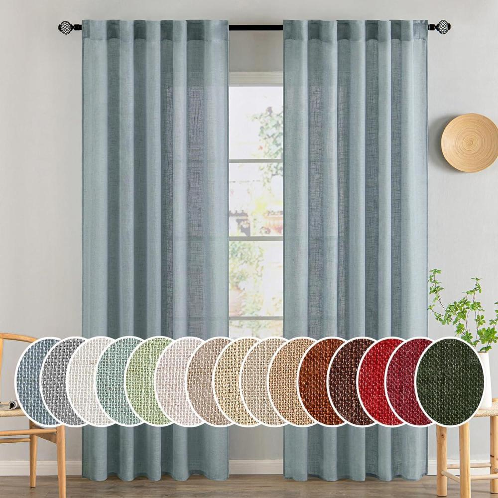 imageMIULEE Chocolate Brown Linen Curtains 90 Inch Long for Bedroom Living Room Soft Thick Linen Textured Window Drapes Semi Sheer Light Filtering Back Tab Rod Pocket Burlap Look Decor 2 PanelsStone Blue