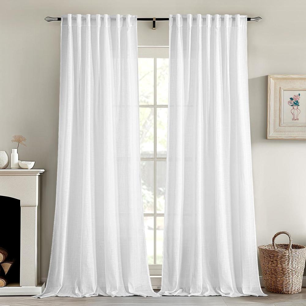 imageMIULEE Chocolate Brown Linen Curtains 90 Inch Long for Bedroom Living Room Soft Thick Linen Textured Window Drapes Semi Sheer Light Filtering Back Tab Rod Pocket Burlap Look Decor 2 PanelsWhite