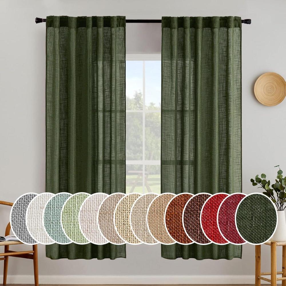 imageMIULEE Chocolate Brown Linen Curtains 90 Inch Long for Bedroom Living Room Soft Thick Linen Textured Window Drapes Semi Sheer Light Filtering Back Tab Rod Pocket Burlap Look Decor 2 PanelsOlive Green