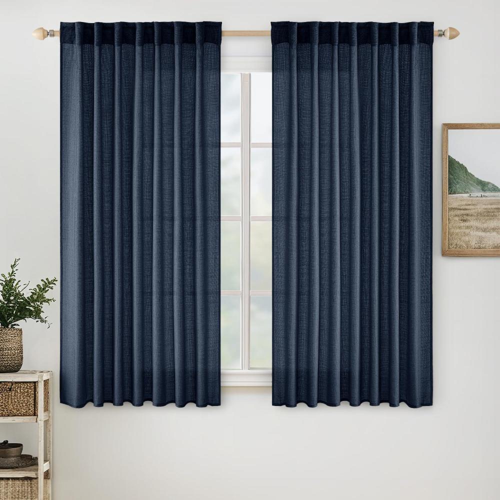 imageMIULEE Chocolate Brown Linen Curtains 90 Inch Long for Bedroom Living Room Soft Thick Linen Textured Window Drapes Semi Sheer Light Filtering Back Tab Rod Pocket Burlap Look Decor 2 PanelsNavy Blue