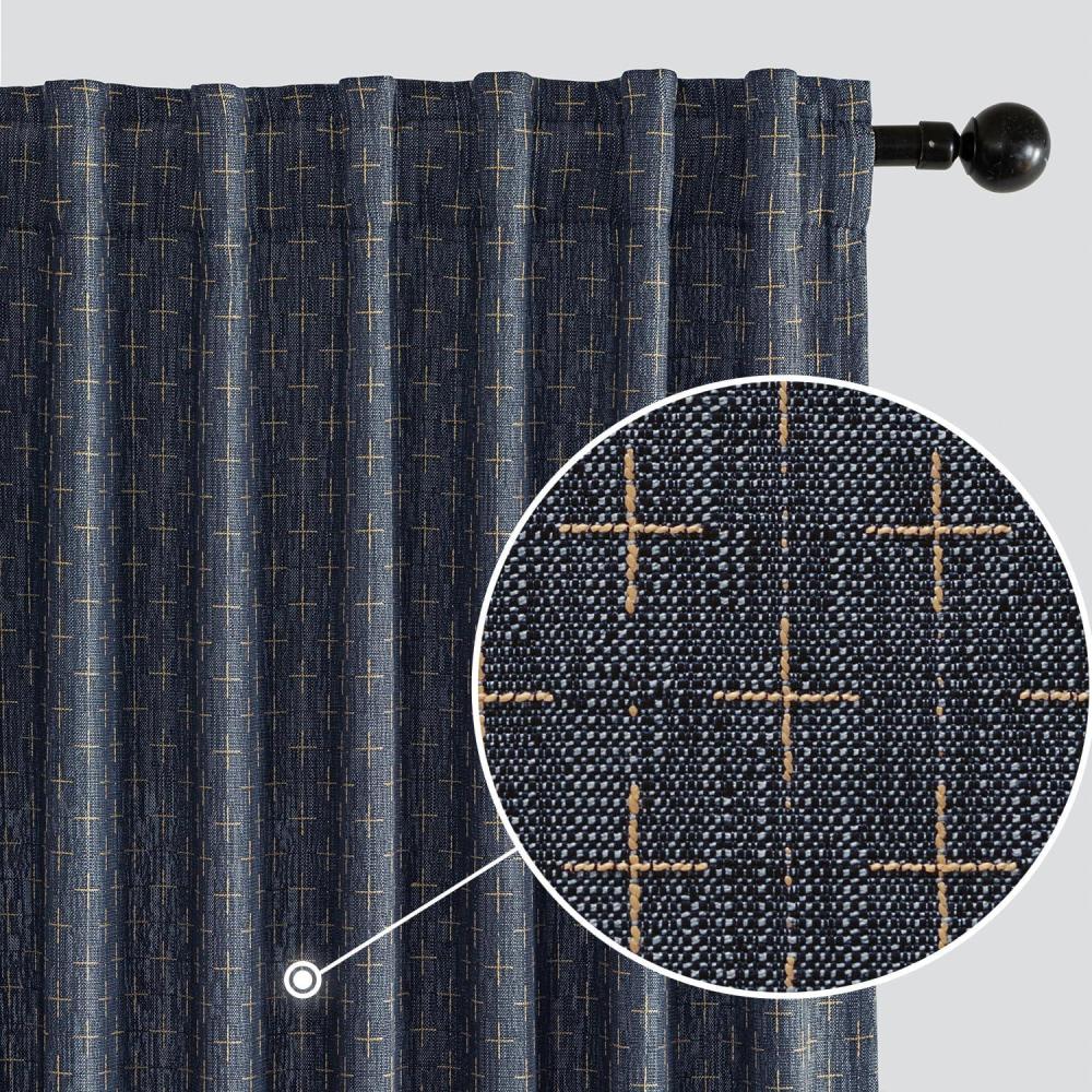 imageMIULEE Decorative Back Tab Linen Curtains with Geometric Pattern for Living Room Bedroom Farmhouse Rustic Thick Woven Textured Patterned Mudcloth Drapes 84 Inches Long 2 Panels Set Olive GreenBlue