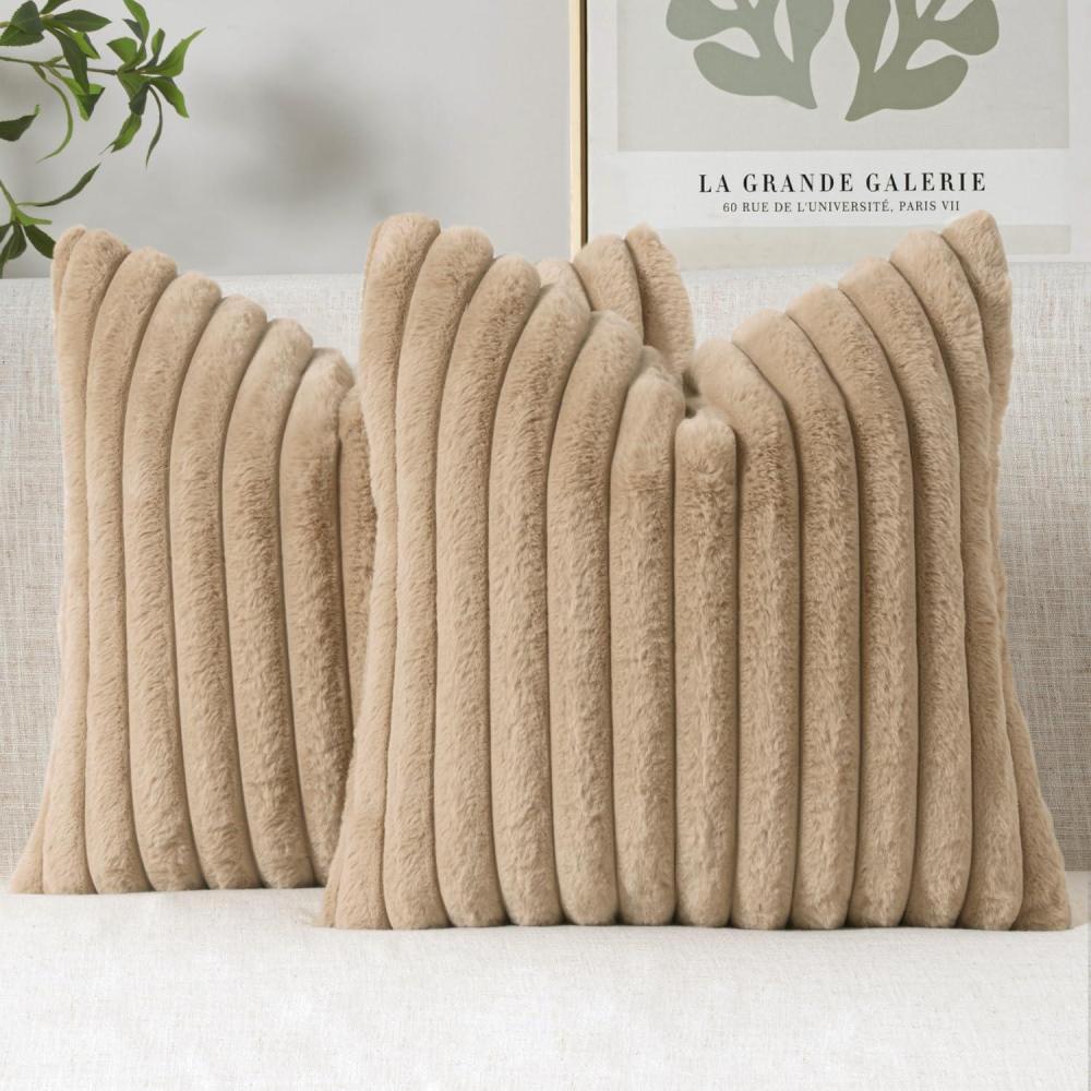 imageMIULEE Faux Fur Decorative Throw Pillow Covers 18x18 Inch Set of 2 Coastal Modern Art Spring Home Decor Soft Plush Couch Pillows Cozy Fluffy Cushion Covers for Sofa Bed Grey BlueKhaki