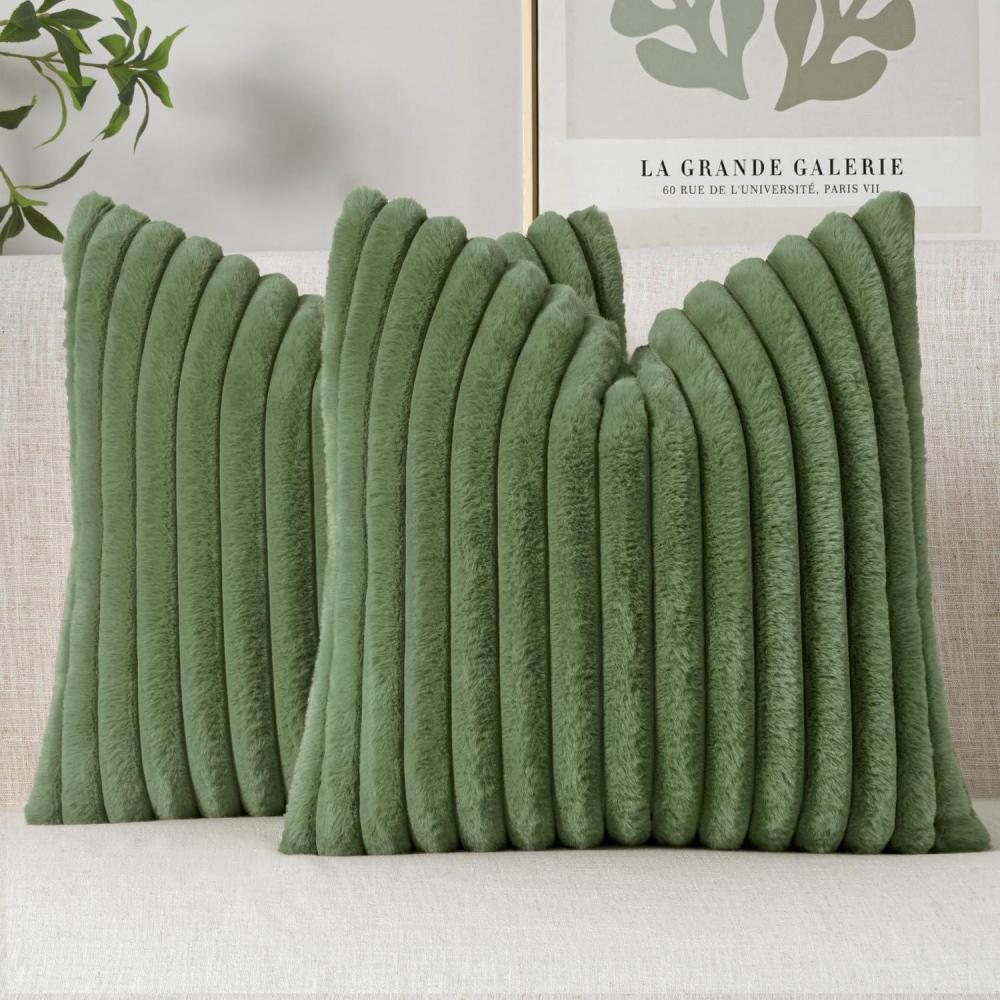 imageMIULEE Faux Fur Decorative Throw Pillow Covers 18x18 Inch Set of 2 Coastal Modern Art Spring Home Decor Soft Plush Couch Pillows Cozy Fluffy Cushion Covers for Sofa Bed Grey BlueMoss Green