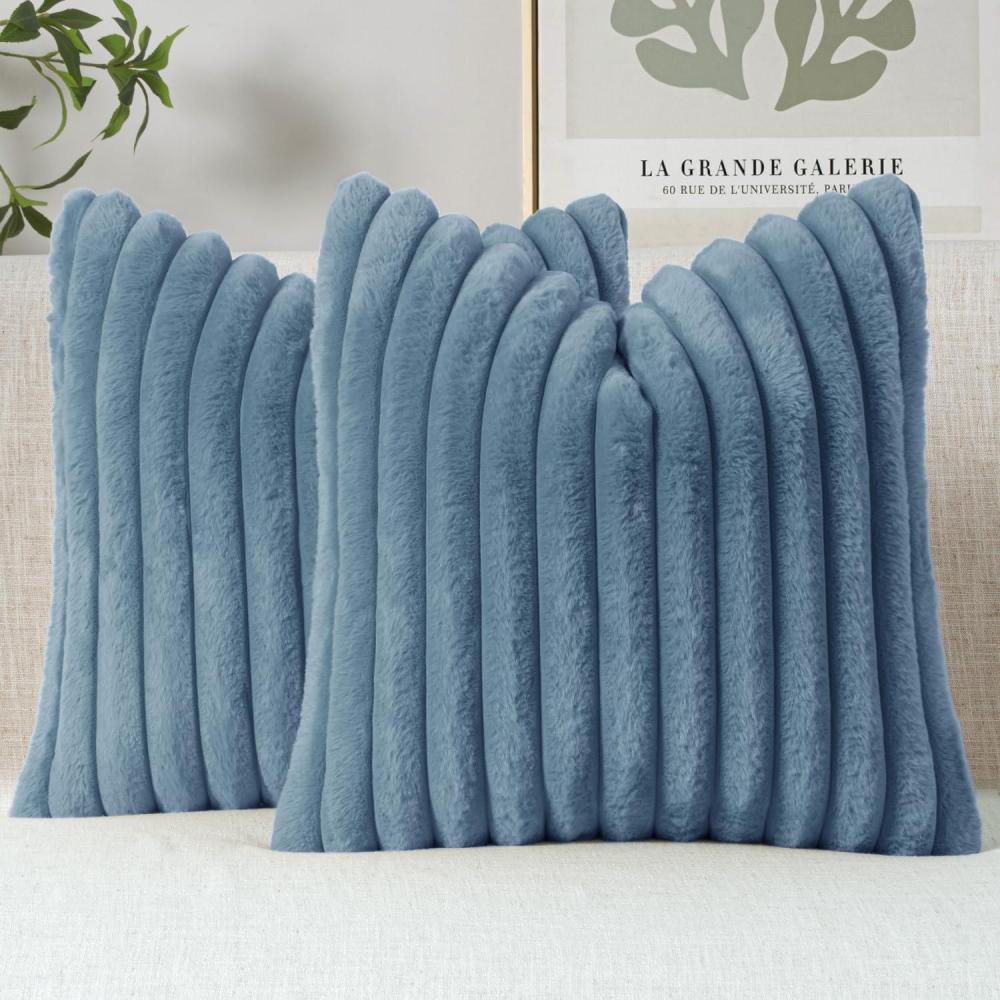 imageMIULEE Faux Fur Decorative Throw Pillow Covers 18x18 Inch Set of 2 Coastal Modern Art Spring Home Decor Soft Plush Couch Pillows Cozy Fluffy Cushion Covers for Sofa Bed Grey BlueBlue Grey