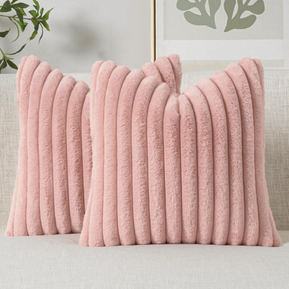 imageMIULEE Faux Fur Decorative Throw Pillow Covers 18x18 Inch Set of 2 Coastal Modern Art Spring Home Decor Soft Plush Couch Pillows Cozy Fluffy Cushion Covers for Sofa Bed Grey BluePink