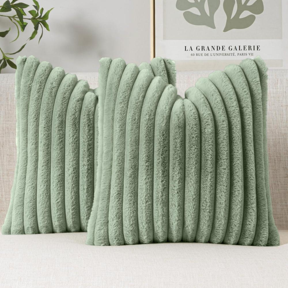 imageMIULEE Faux Fur Decorative Throw Pillow Covers 18x18 Inch Set of 2 Coastal Modern Art Spring Home Decor Soft Plush Couch Pillows Cozy Fluffy Cushion Covers for Sofa Bed Grey BlueSage Green