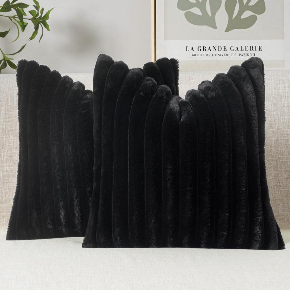 imageMIULEE Faux Fur Decorative Throw Pillow Covers 18x18 Inch Set of 2 Coastal Modern Art Spring Home Decor Soft Plush Couch Pillows Cozy Fluffy Cushion Covers for Sofa Bed Grey BlueBlack