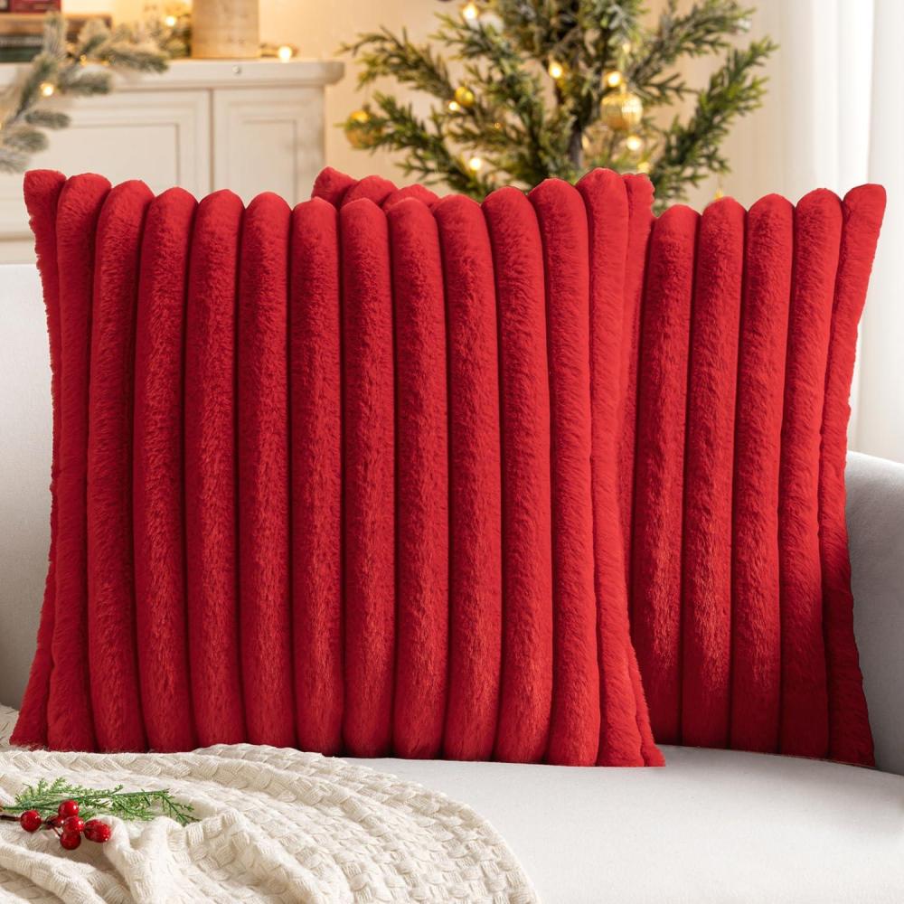 imageMIULEE Faux Fur Decorative Throw Pillow Covers 18x18 Inch Set of 2 Coastal Modern Art Spring Home Decor Soft Plush Couch Pillows Cozy Fluffy Cushion Covers for Sofa Bed Grey BlueRed