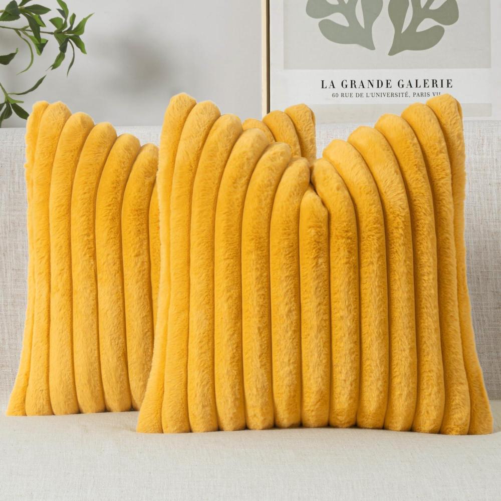 imageMIULEE Faux Fur Decorative Throw Pillow Covers 18x18 Inch Set of 2 Coastal Modern Art Spring Home Decor Soft Plush Couch Pillows Cozy Fluffy Cushion Covers for Sofa Bed Grey BlueMustard Yellow