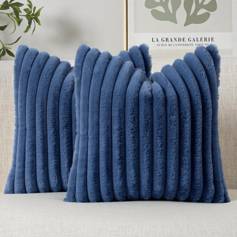 imageMIULEE Faux Fur Decorative Throw Pillow Covers 18x18 Inch Set of 2 Coastal Modern Art Spring Home Decor Soft Plush Couch Pillows Cozy Fluffy Cushion Covers for Sofa Bed Grey BlueNavy Blue