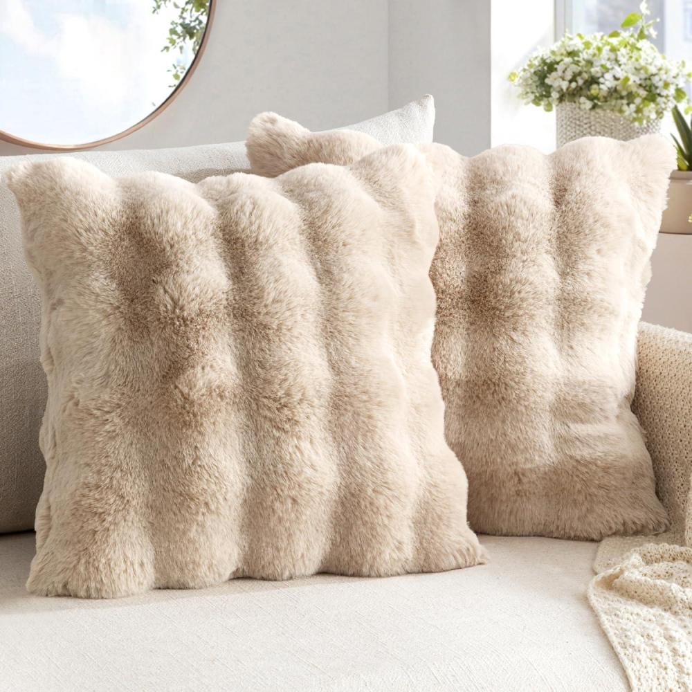 imageMIULEE Faux Fur Pillow Covers Thick Soft Plush Christmas Throw Pillows Luxury Spring Home Decor for Winter Holiday Couch Bedroom Living Room Sofa18x18 Inch Pack of 2 WhiteKhaki