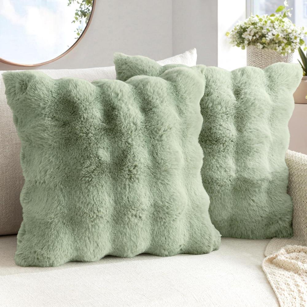 imageMIULEE Faux Fur Pillow Covers Thick Soft Plush Christmas Throw Pillows Luxury Spring Home Decor for Winter Holiday Couch Bedroom Living Room Sofa18x18 Inch Pack of 2 WhiteSage Green