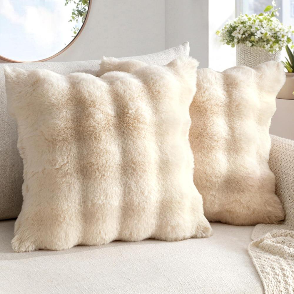 imageMIULEE Faux Fur Pillow Covers Thick Soft Plush Christmas Throw Pillows Luxury Spring Home Decor for Winter Holiday Couch Bedroom Living Room Sofa18x18 Inch Pack of 2 WhiteBeige