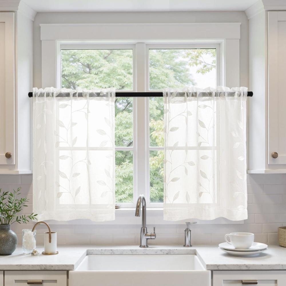 imageMIULEE Ivory Sheer Curtains 2 Panels Embroidered Leaf Patterned Rod Pocket Floral Semi Sheer Faux Linen Short Window Curtains Drapes Set for Kitchen Bathroom Cafe 30x30 Inches LengthIvory