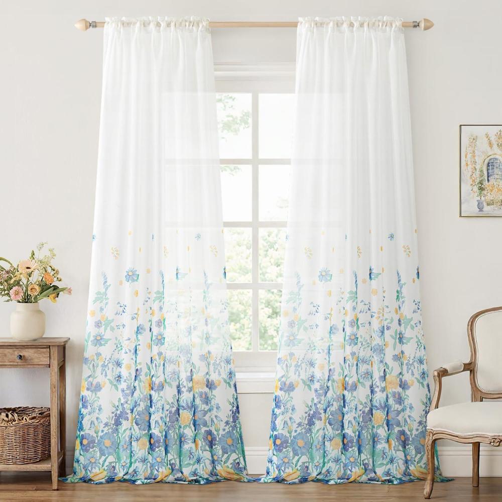 imageMIULEE Ivory Sheer Curtains 2 Panels Embroidered Leaf Patterned Rod Pocket Floral Semi Sheer Faux Linen Short Window Curtains Drapes Set for Kitchen Bathroom Cafe 30x30 Inches LengthDusty Blue