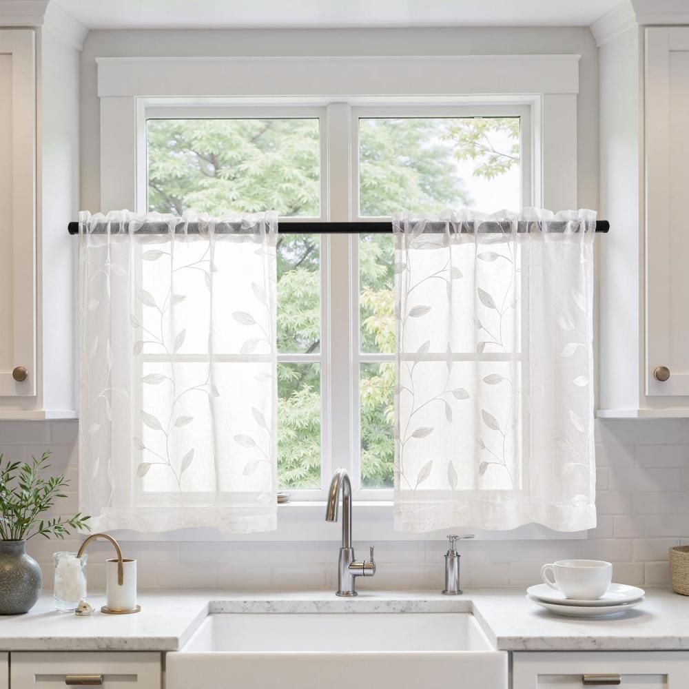 imageMIULEE Ivory Sheer Curtains 2 Panels Embroidered Leaf Patterned Rod Pocket Floral Semi Sheer Faux Linen Short Window Curtains Drapes Set for Kitchen Bathroom Cafe 30x30 Inches LengthWhite