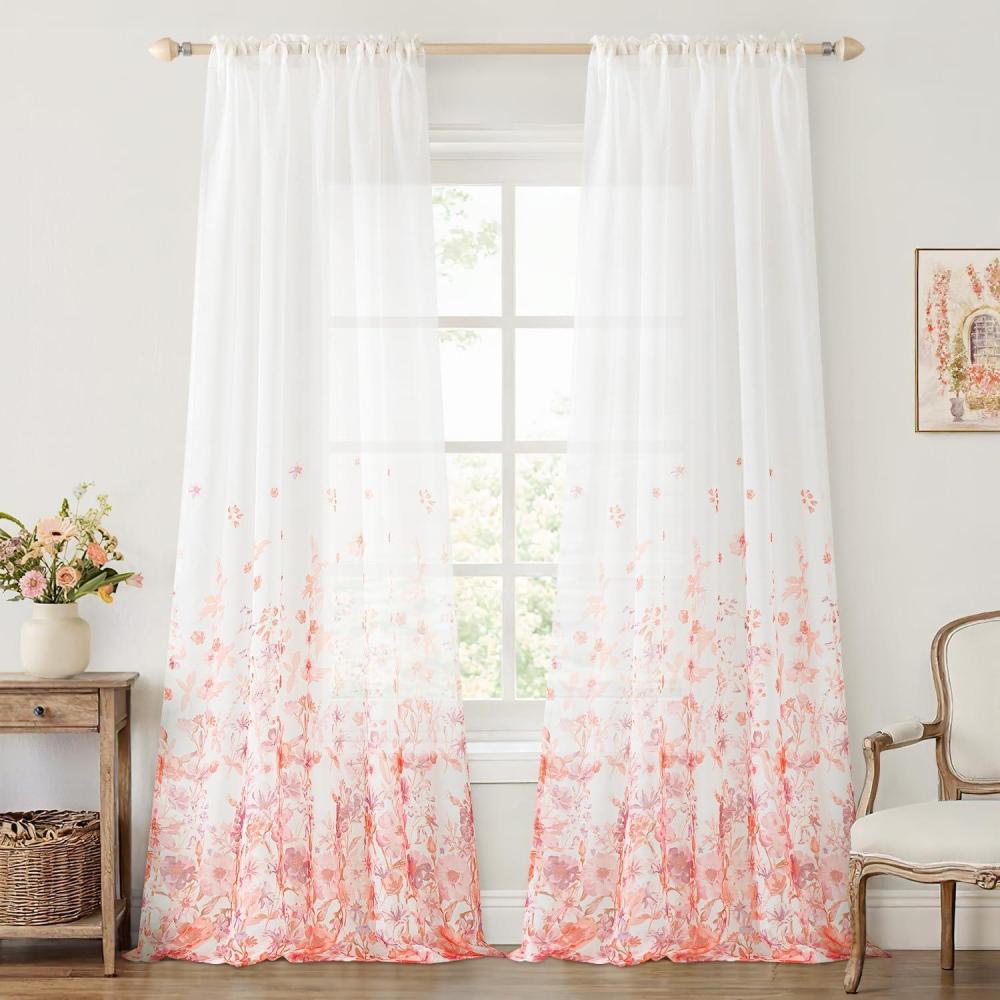 imageMIULEE Ivory Sheer Curtains 2 Panels Embroidered Leaf Patterned Rod Pocket Floral Semi Sheer Faux Linen Short Window Curtains Drapes Set for Kitchen Bathroom Cafe 30x30 Inches LengthPink