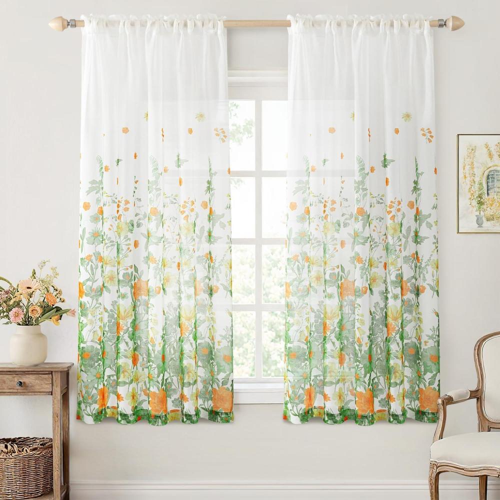 imageMIULEE Ivory Sheer Curtains 2 Panels Embroidered Leaf Patterned Rod Pocket Floral Semi Sheer Faux Linen Short Window Curtains Drapes Set for Kitchen Bathroom Cafe 30x30 Inches LengthSage Green