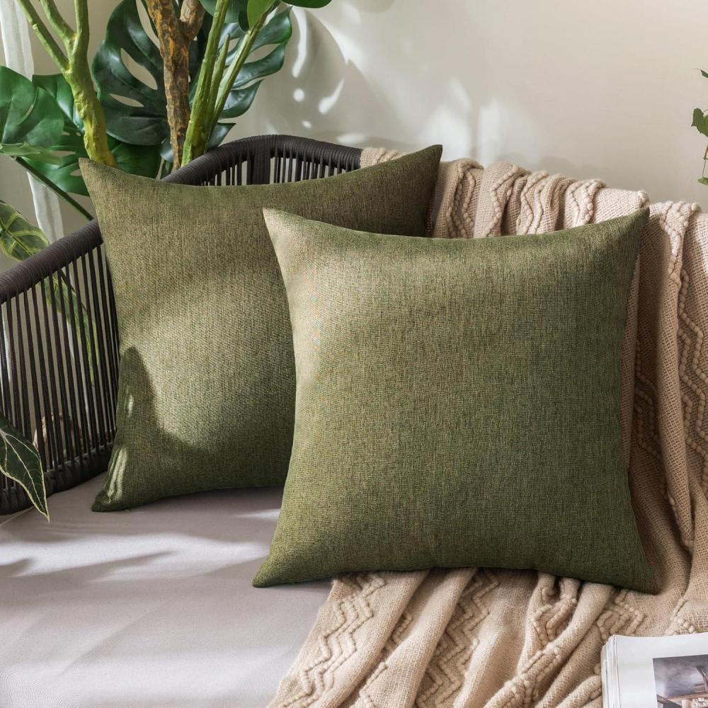 imageMIULEE Pack of 2 Decorative Outdoor Solid Waterproof Throw Pillow Covers Faux Linen Garden Farmhouse Cushion Cases for Summer Patio Tent Balcony Couch Sofa 16x16 Inch NavyOlive Green
