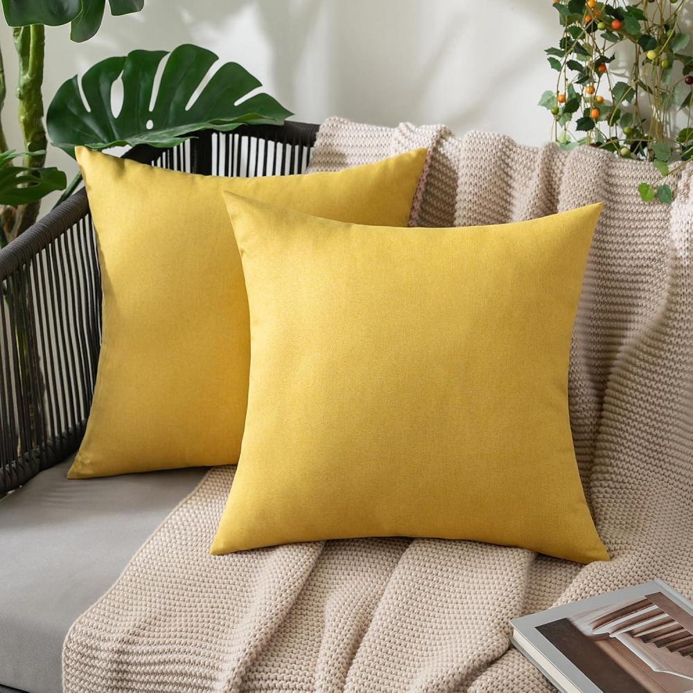 imageMIULEE Pack of 2 Decorative Outdoor Solid Waterproof Throw Pillow Covers Faux Linen Garden Farmhouse Cushion Cases for Summer Patio Tent Balcony Couch Sofa 16x16 Inch NavyYellow