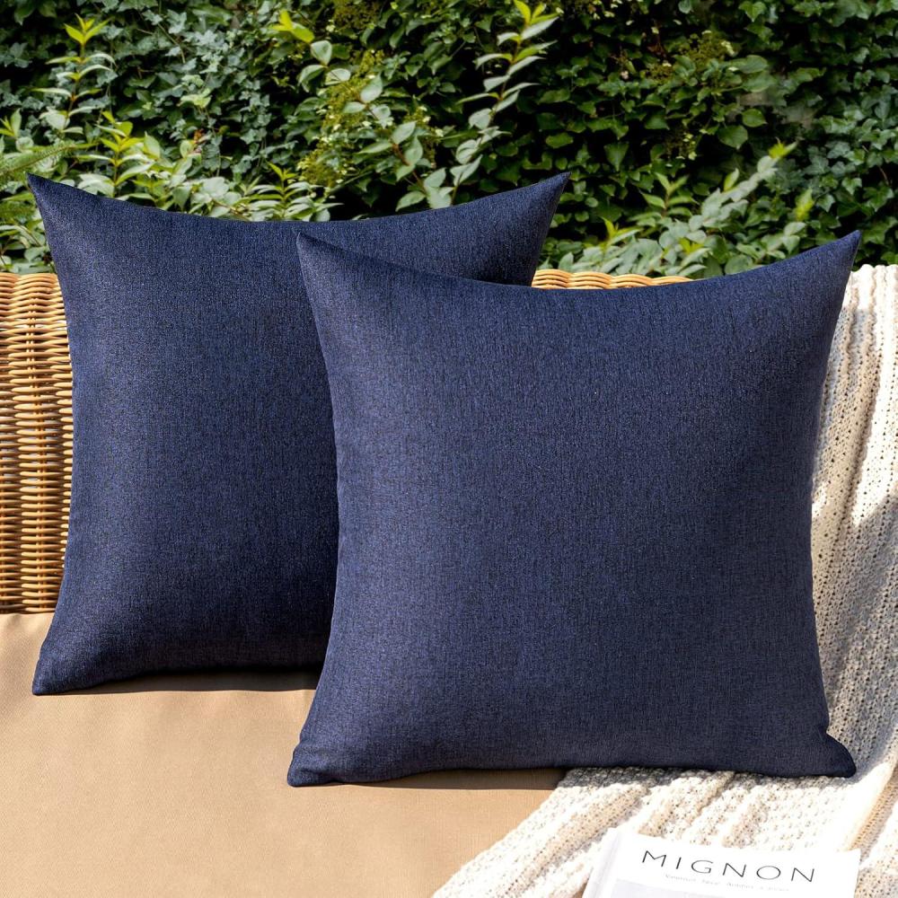 imageMIULEE Pack of 2 Decorative Outdoor Solid Waterproof Throw Pillow Covers Faux Linen Garden Farmhouse Cushion Cases for Summer Patio Tent Balcony Couch Sofa 16x16 Inch NavyNavy