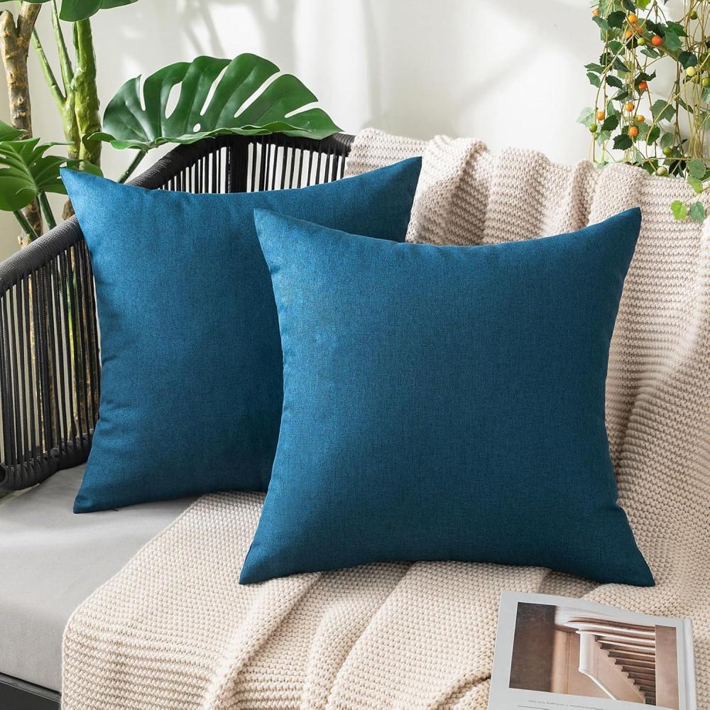imageMIULEE Pack of 2 Decorative Outdoor Solid Waterproof Throw Pillow Covers Faux Linen Garden Farmhouse Cushion Cases for Summer Patio Tent Balcony Couch Sofa 16x16 Inch NavyBlue