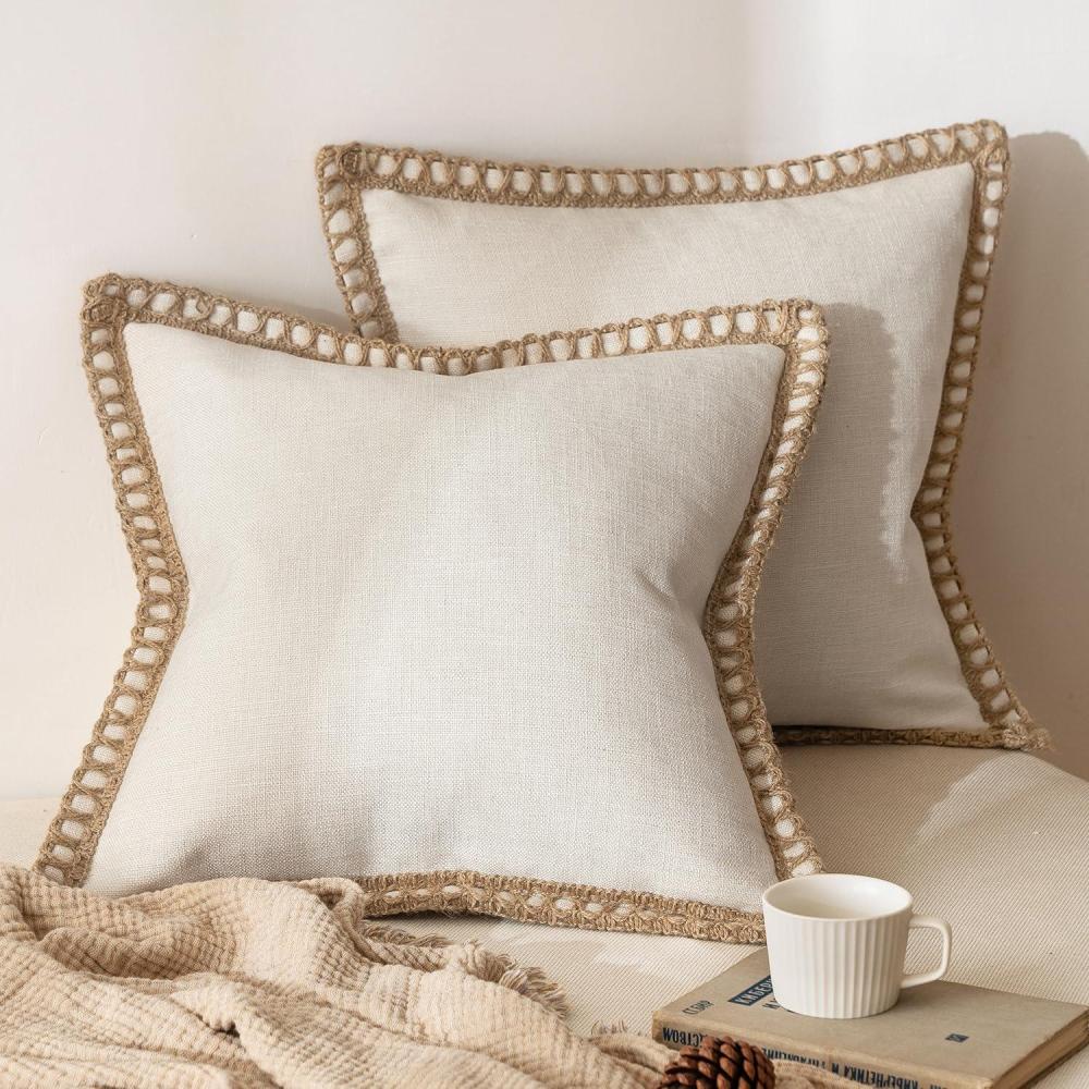 imageMIULEE Pack of 2 Decorative Throw Pillow Covers Modern Farmhouse Outdoor Summer Pillow Covers Neutral Linen Burlap Pillowcases Cushions for Couch Bed Living Room Sofa Light Blue 18 x 18 inchesNatural White