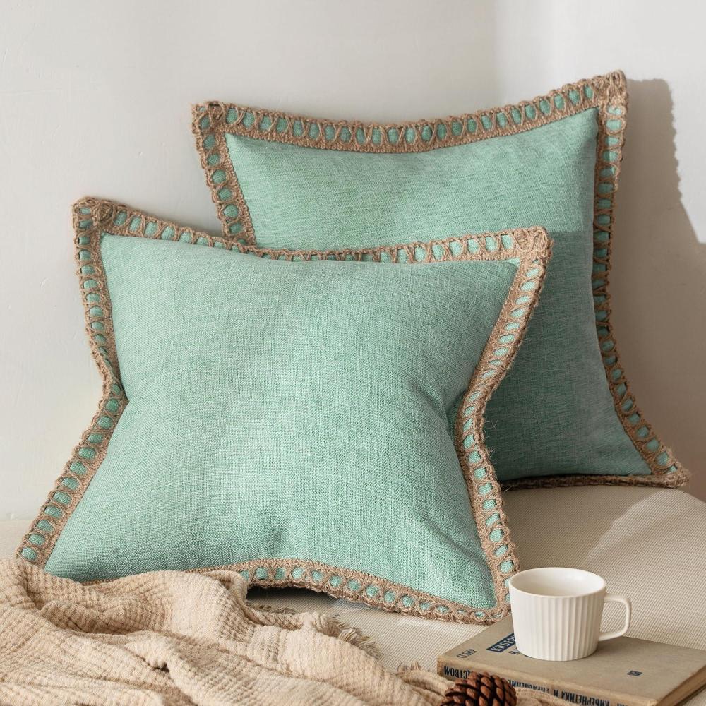 imageMIULEE Pack of 2 Decorative Throw Pillow Covers Modern Farmhouse Outdoor Summer Pillow Covers Neutral Linen Burlap Pillowcases Cushions for Couch Bed Living Room Sofa Light Blue 18 x 18 inchesAqua