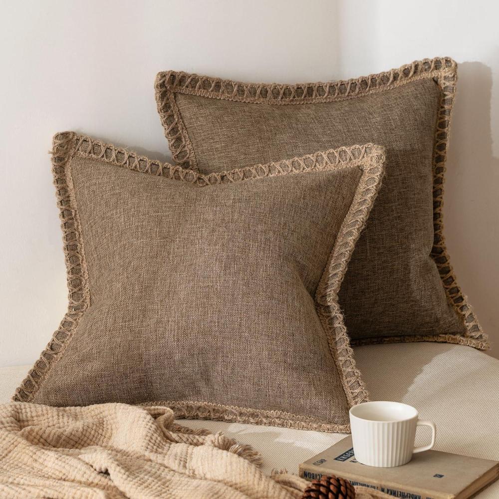 imageMIULEE Pack of 2 Decorative Throw Pillow Covers Modern Farmhouse Outdoor Summer Pillow Covers Neutral Linen Burlap Pillowcases Cushions for Couch Bed Living Room Sofa Light Blue 18 x 18 inchesCoffee