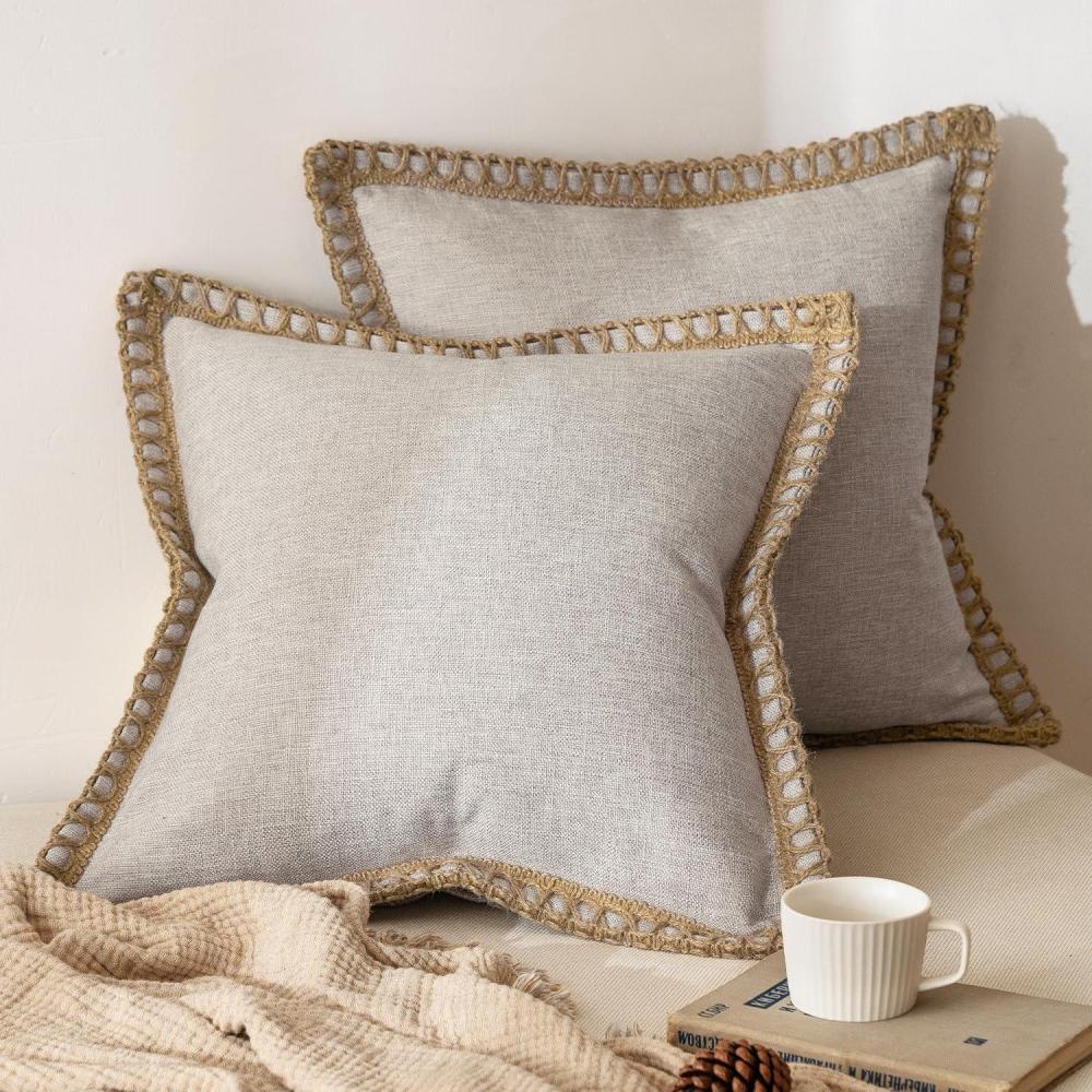 imageMIULEE Pack of 2 Decorative Throw Pillow Covers Modern Farmhouse Outdoor Summer Pillow Covers Neutral Linen Burlap Pillowcases Cushions for Couch Bed Living Room Sofa Light Blue 18 x 18 inchesGreyish White